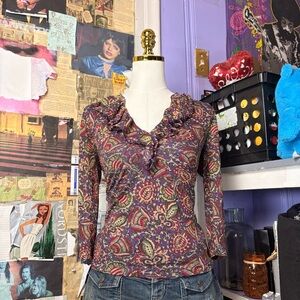 Chaps Y2K Petite Paisley Ruffle V-Neck Top